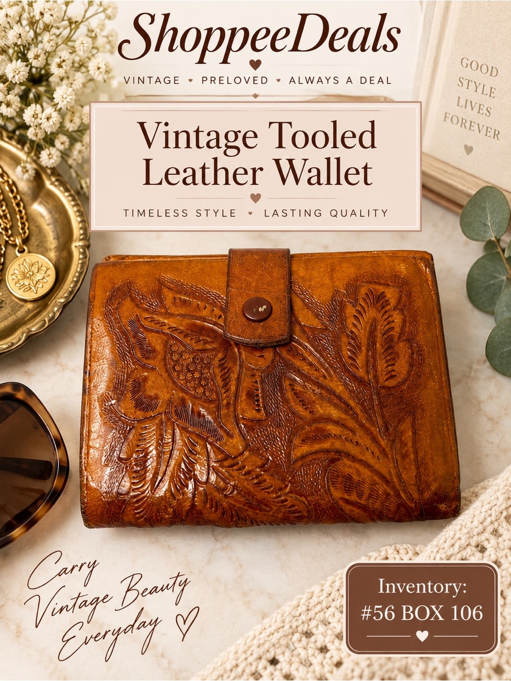 Vintage Tooled Leather Wallet Floral Embossed Snap Coin Pocket Brown